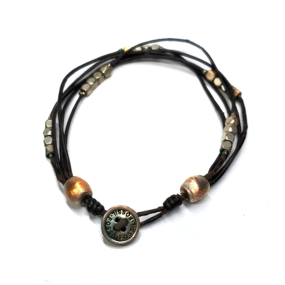 Fossil Women's Black Leather Cord and Silver Toned Multi-Strand Bracelet EUC - Picture 1 of 9